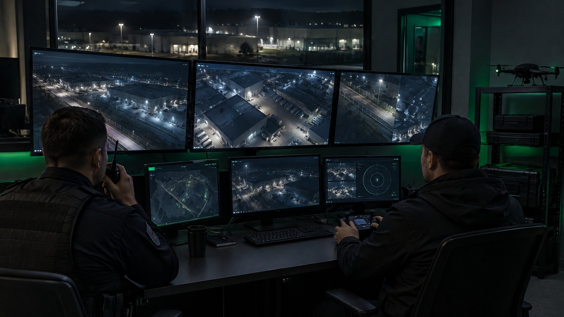 Security officer reviewing a live drone video feed in a monitoring centre